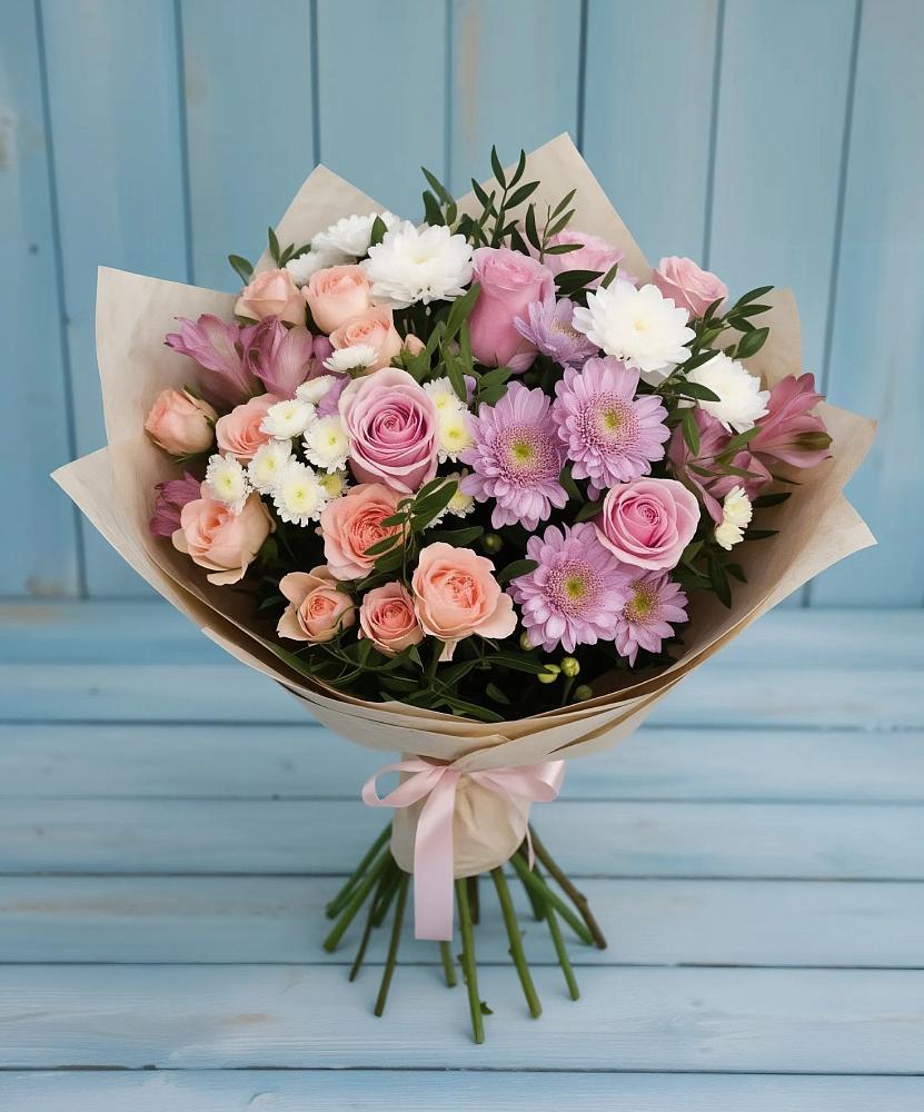Букет цветов из: Хризантемы, Розы и Альстромерии в Стодеревской