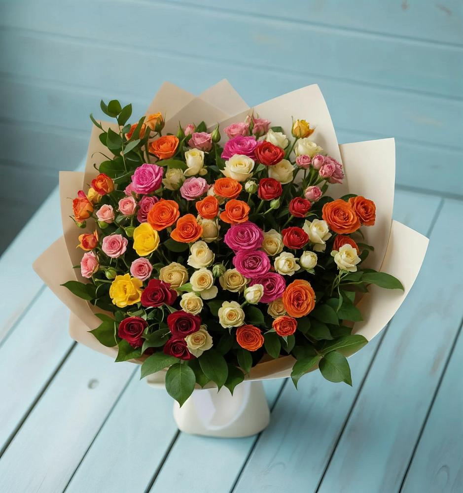 Букет Микс из разноцветных кустовых роз в Стодеревской